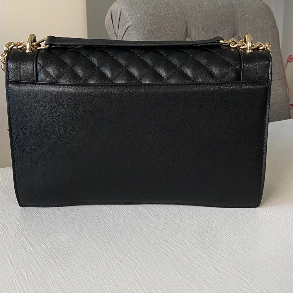 INC Black Leather Quilted Flap Crossbody Shoulder Bag Gold Turn-Lock Chain